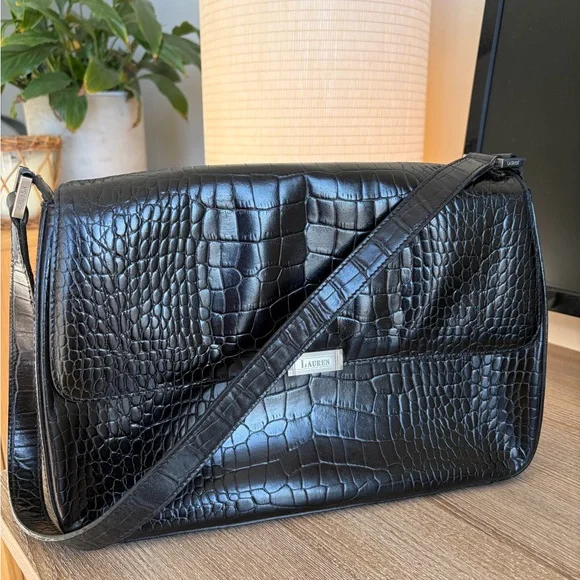 Ralph Lauren Black Crocodile-Embossed Crossbody Bag